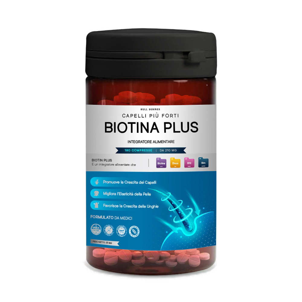 Biotina Plus - Integratori Per Capelli Biotina Crescita Veloce Pelle Unghie Donna Uomo Anticaduta con Zinco Selenio Vitamina B12 Alta Concentrazione 180 Compresse Confezione Smart Made in Italy Bull Burner